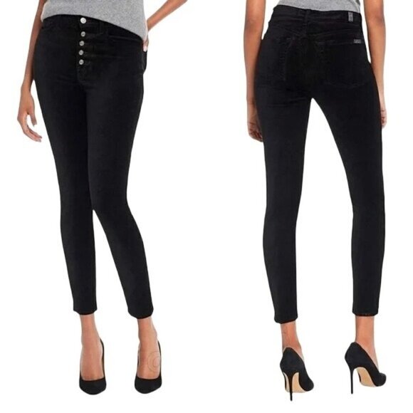 7 For All Mankind High-Waist Skinny Velvet Pants Button Fly Black Women Size 25 - Picture 1 of 16